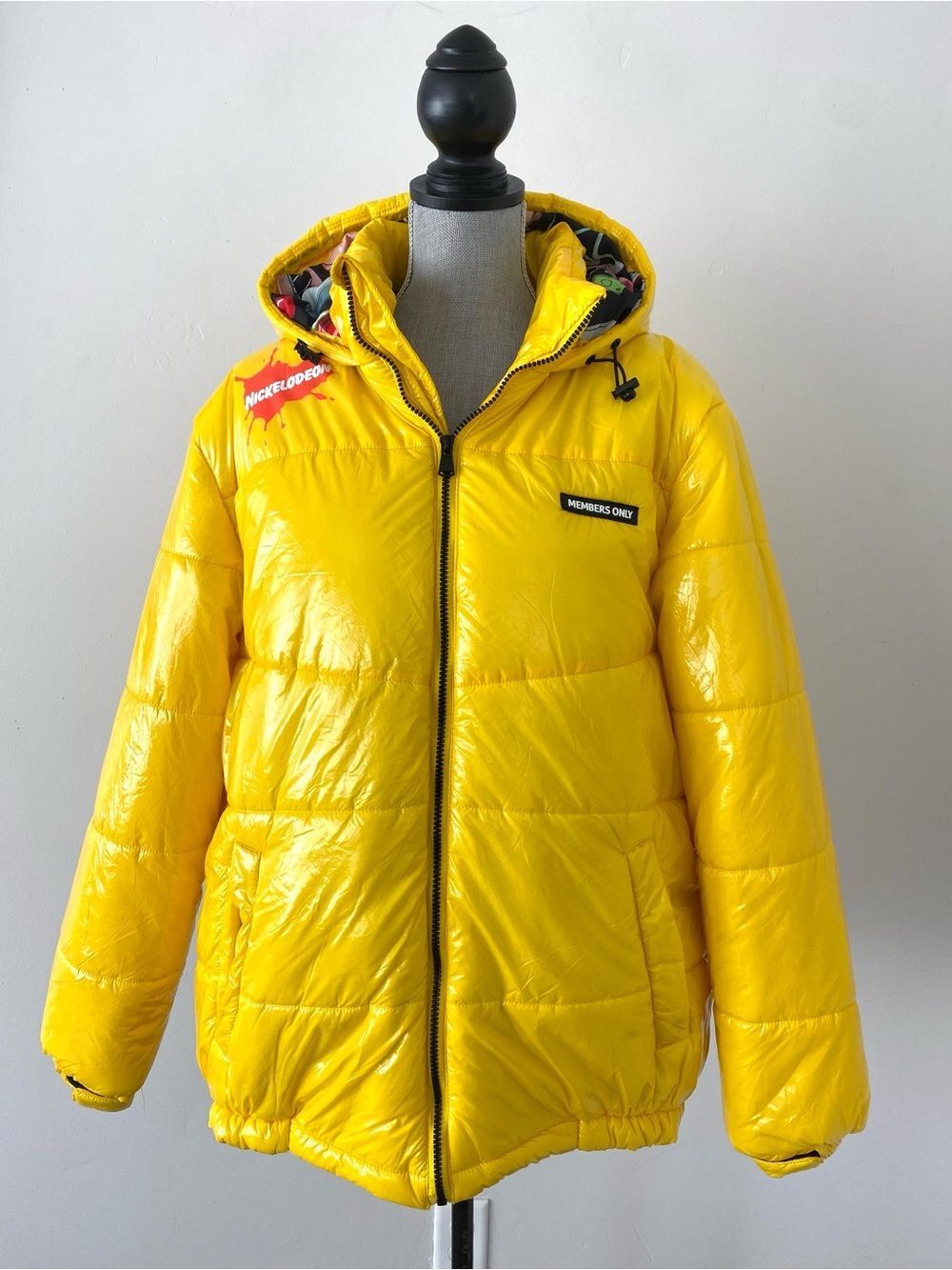 Members Only x Nickelodeon Men’s Yellow Puffer Jacket Hooded Zip Front Sz L
